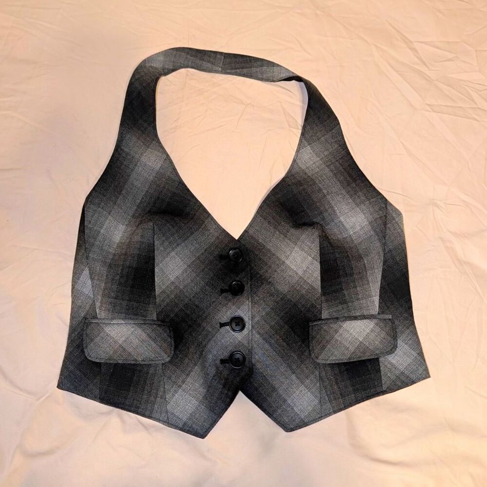 Banana Republic Gray/Black Plaid Halter Vest Satin Size 10 Y2K Style